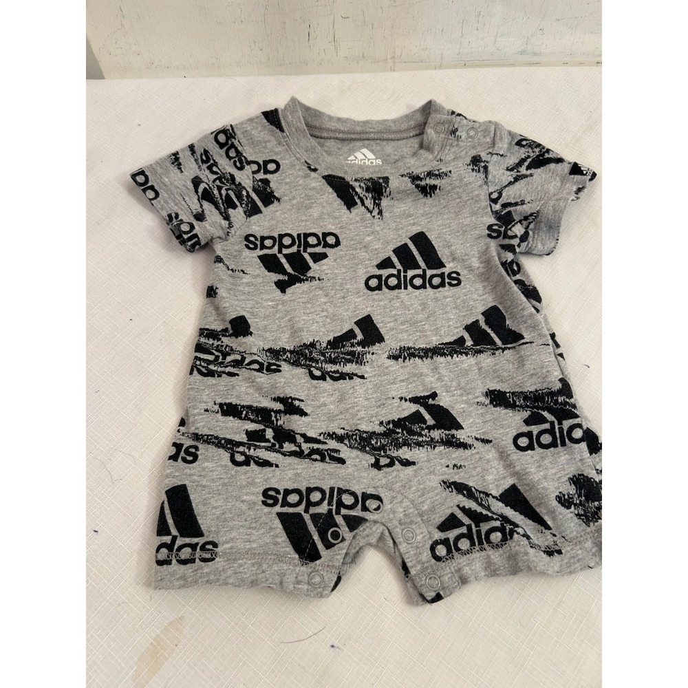 Adidas Romper 3M Grey Black Logo Print Graphic Short Sleeve One Piece Kids